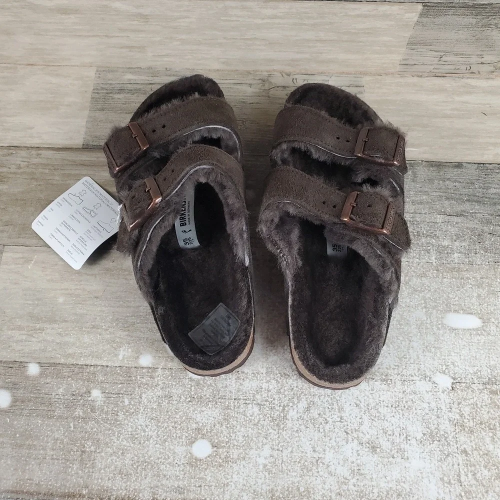 Birkenstock Arizona Shearling Womens Sandals Sz 4 Mocca Suede Leather Slip‎ On